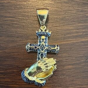 Gold and navy Cross Pendant with Praying Hands